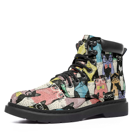 Cat Print Classic Boots Stiefeletten für Damen Lace-Up Leder Damen Modische Springerstiefel